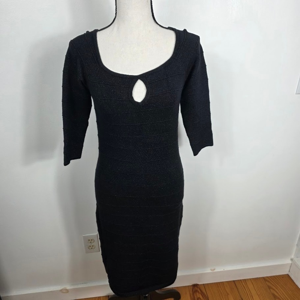 Express Black Sparkle Knit Keyhole‎ Neck 3/4 Sleeve Bodycon Midi Dress Size M